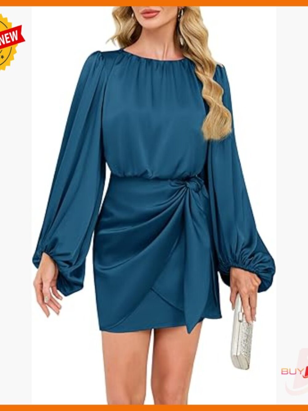 Long Sleeve Satin Cocktail Dress Tie Waist Formal Mini Wedding Guest